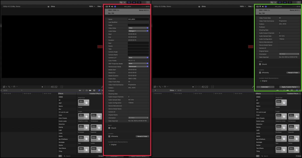 Final Cut Pro Info Panel