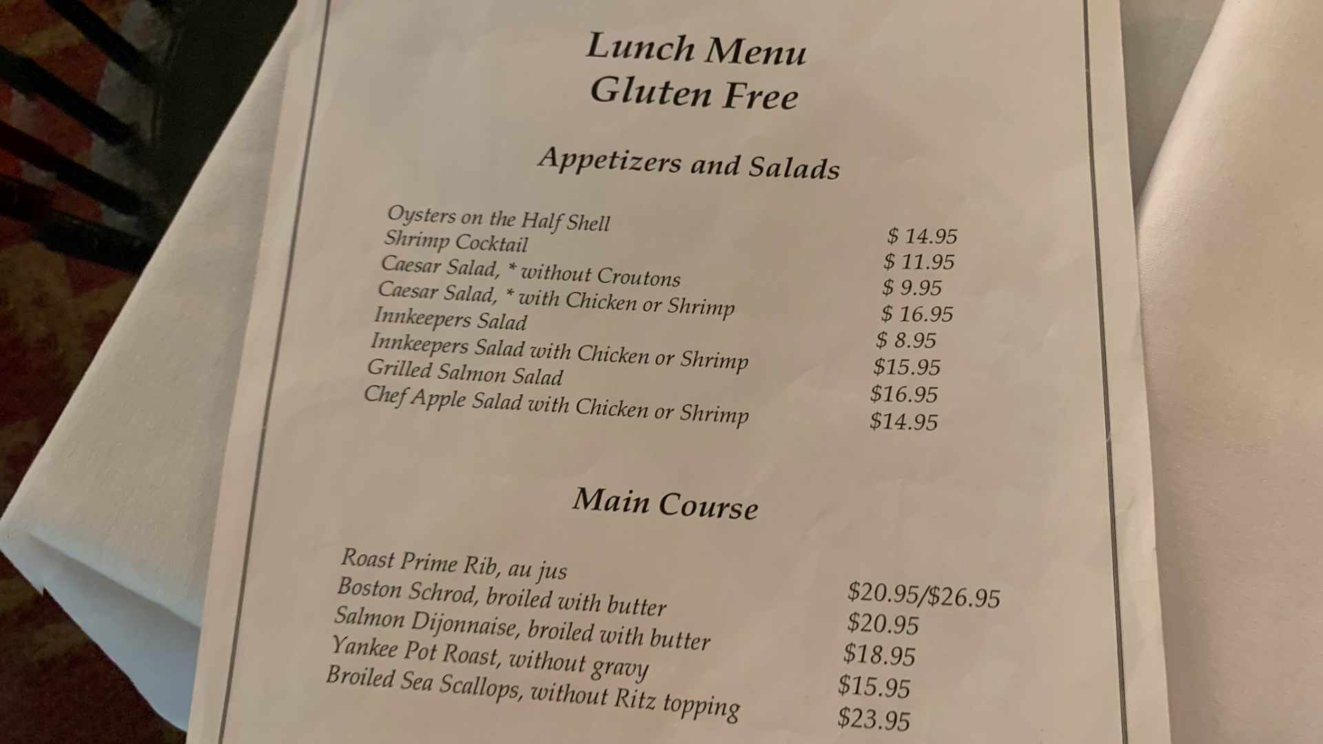 Wayside Gluten Free Menu