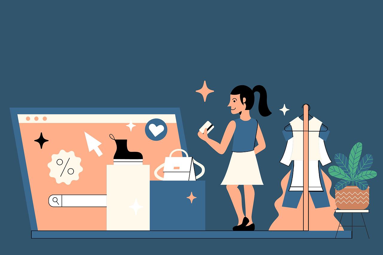 An illustration of a woman holding a credit card as she shops online.